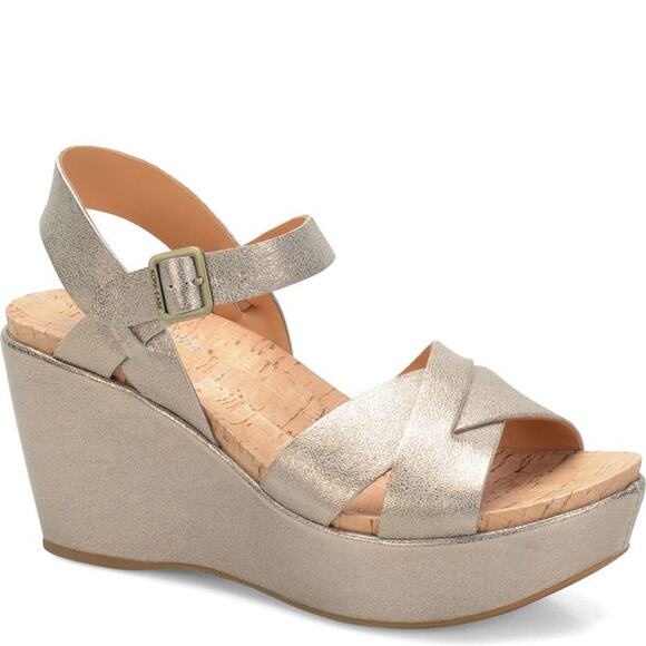 Kork Ease Ava 2.0 Wedge High Heel Ankle Strap Metallic Leather Soft Gold Gray 7M - Picture 1 of 7